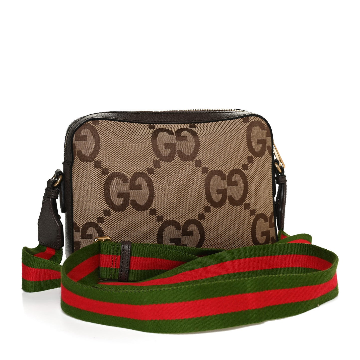 Monogram Jumbo GG Textured Dollar Calfskin Web Messenger Shoulder Bag Camel Ebony New Acero