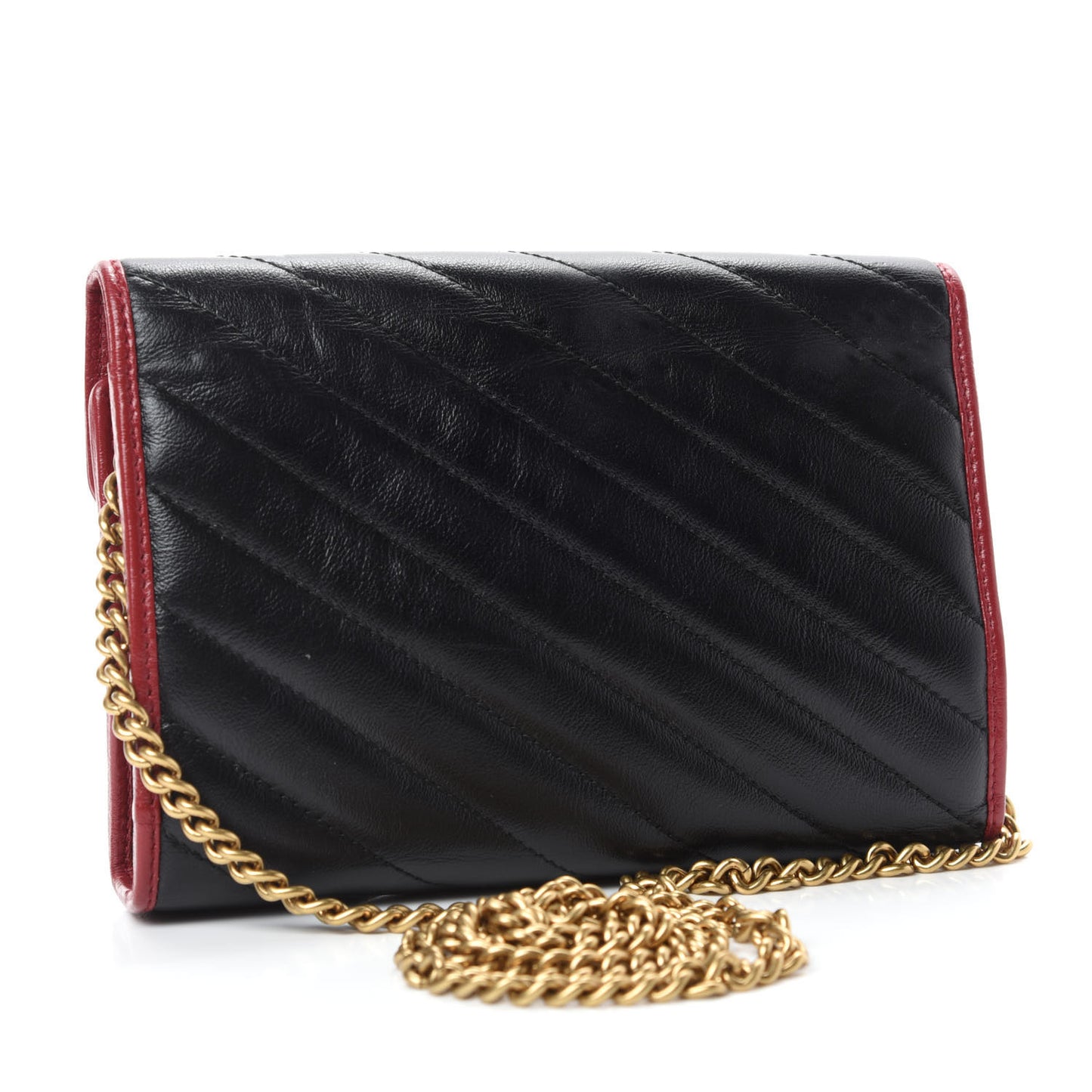 Vintage Effect Calfskin Matelasse Diagonal Torchon GG Marmont Chain Wallet Black Romantic Cherry