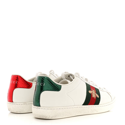 Gucci Calfskin Ayers Bee Embroidered Womens Ace Sneakers 35 White Green 4 of 12