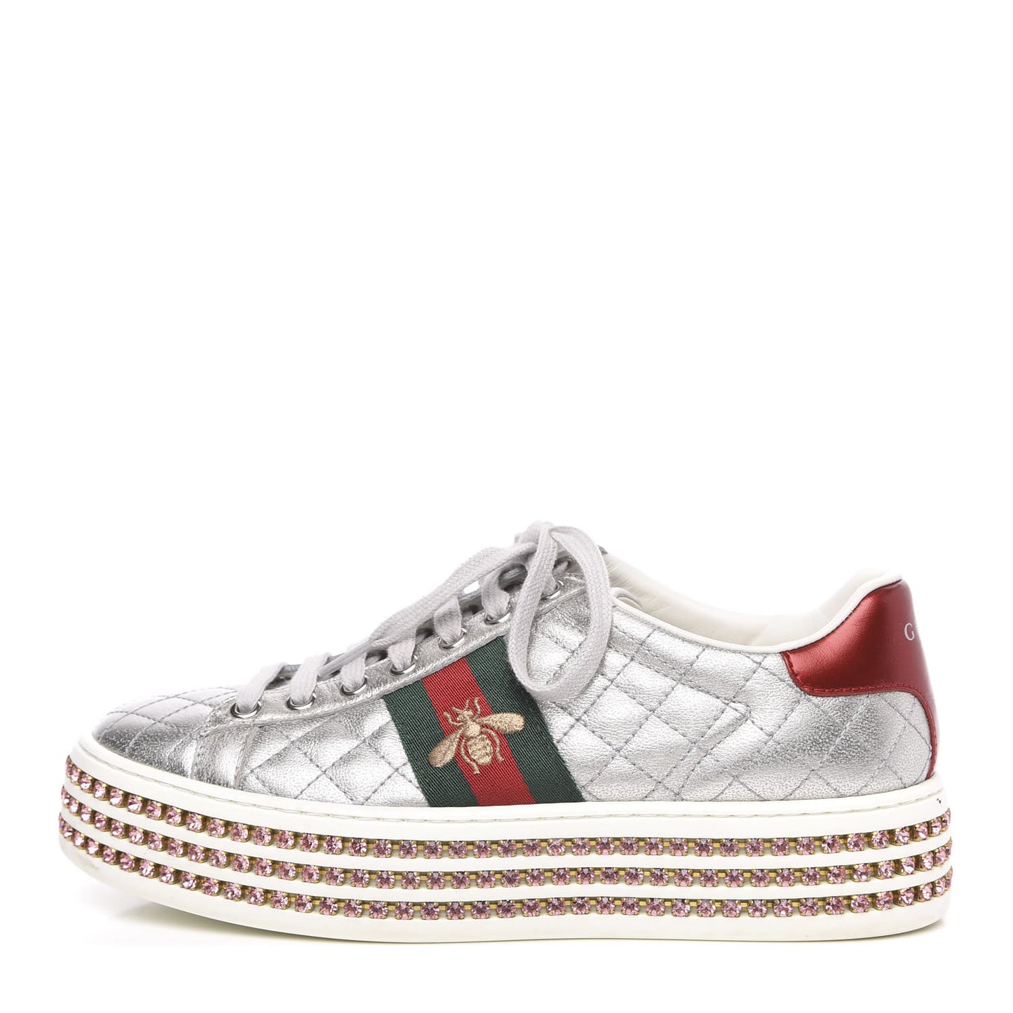 Laminated Nappa Crystal Web Bee Embroidered Trapuntata Womens Ace Platform Sneakers 36.5 Argento