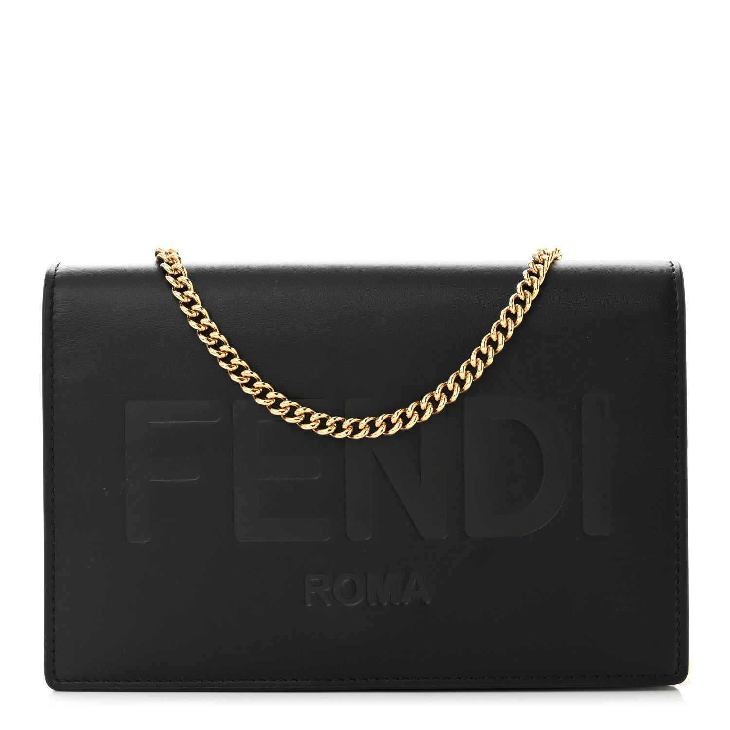 Fendi Vitello King Tamponato Logo Embossed Medium Wallet On Chain Black 1 of 11