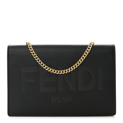 Fendi Vitello King Tamponato Logo Embossed Medium Wallet On Chain Black 1 of 11
