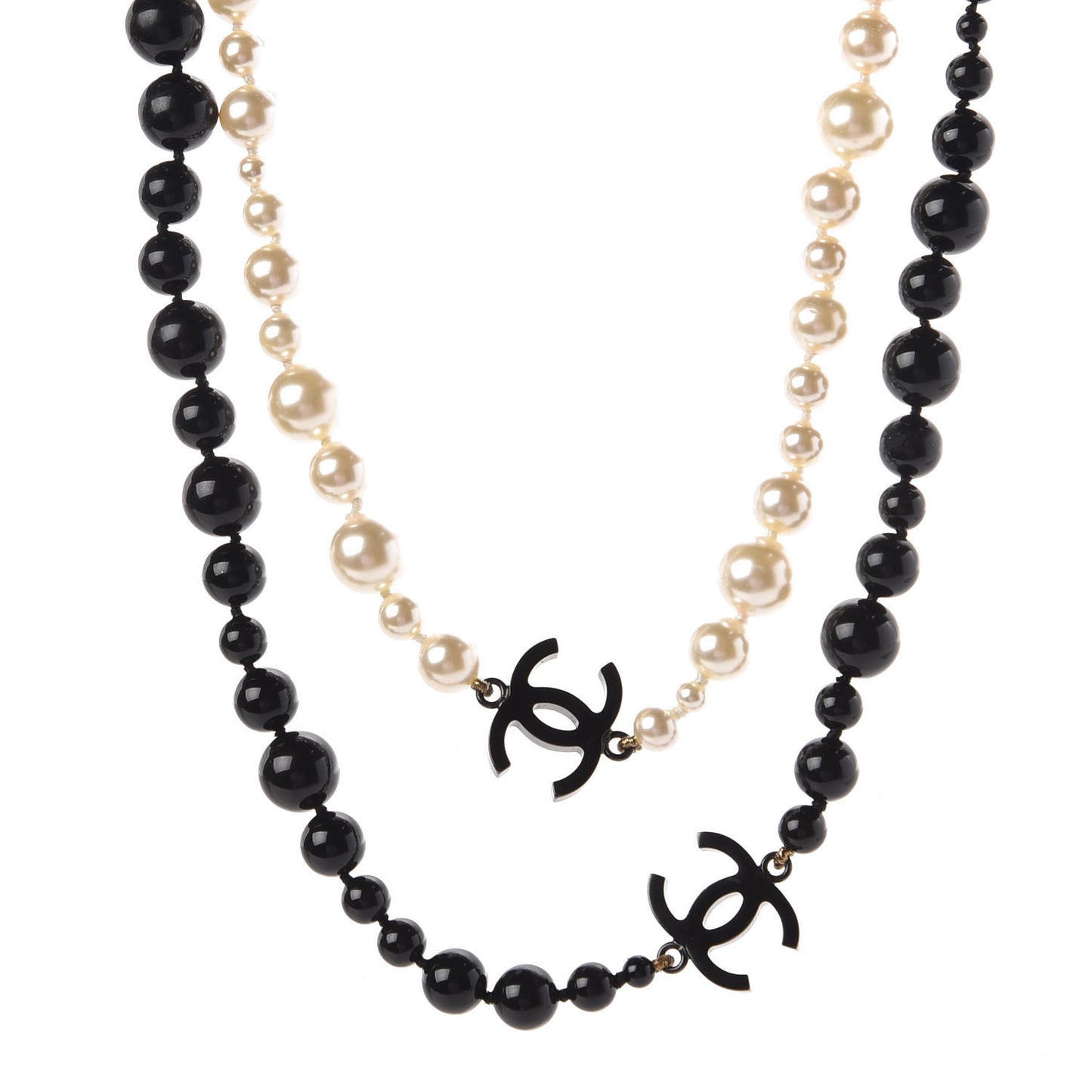 Pearl Beaded CC Long Necklace Black White
