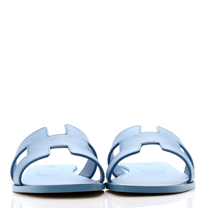 Hermes Box Calfskin Oran Sandals 37.5 Bleu Cameo 2 of 9