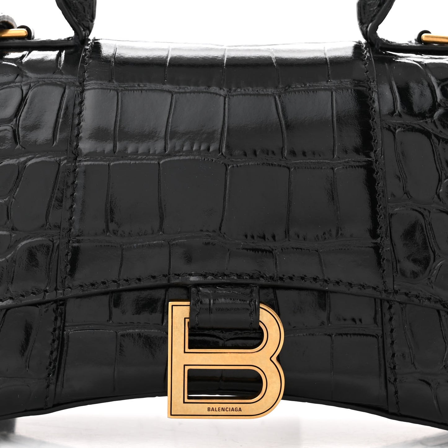 Shiny Calfskin Crocodile Embossed Hourglass Top Handle Bag XS Black