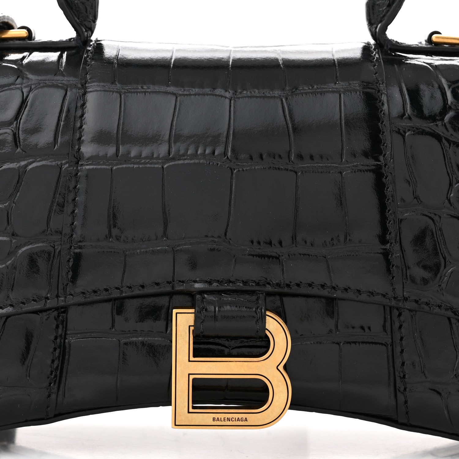 Balenciaga Shiny Calfskin Crocodile Embossed Hourglass Top Handle Bag XS Black 9 of 12