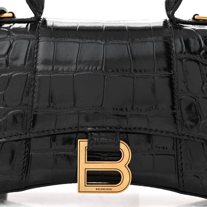 Balenciaga Shiny Calfskin Crocodile Embossed Hourglass Top Handle Bag XS Black 9 of 12