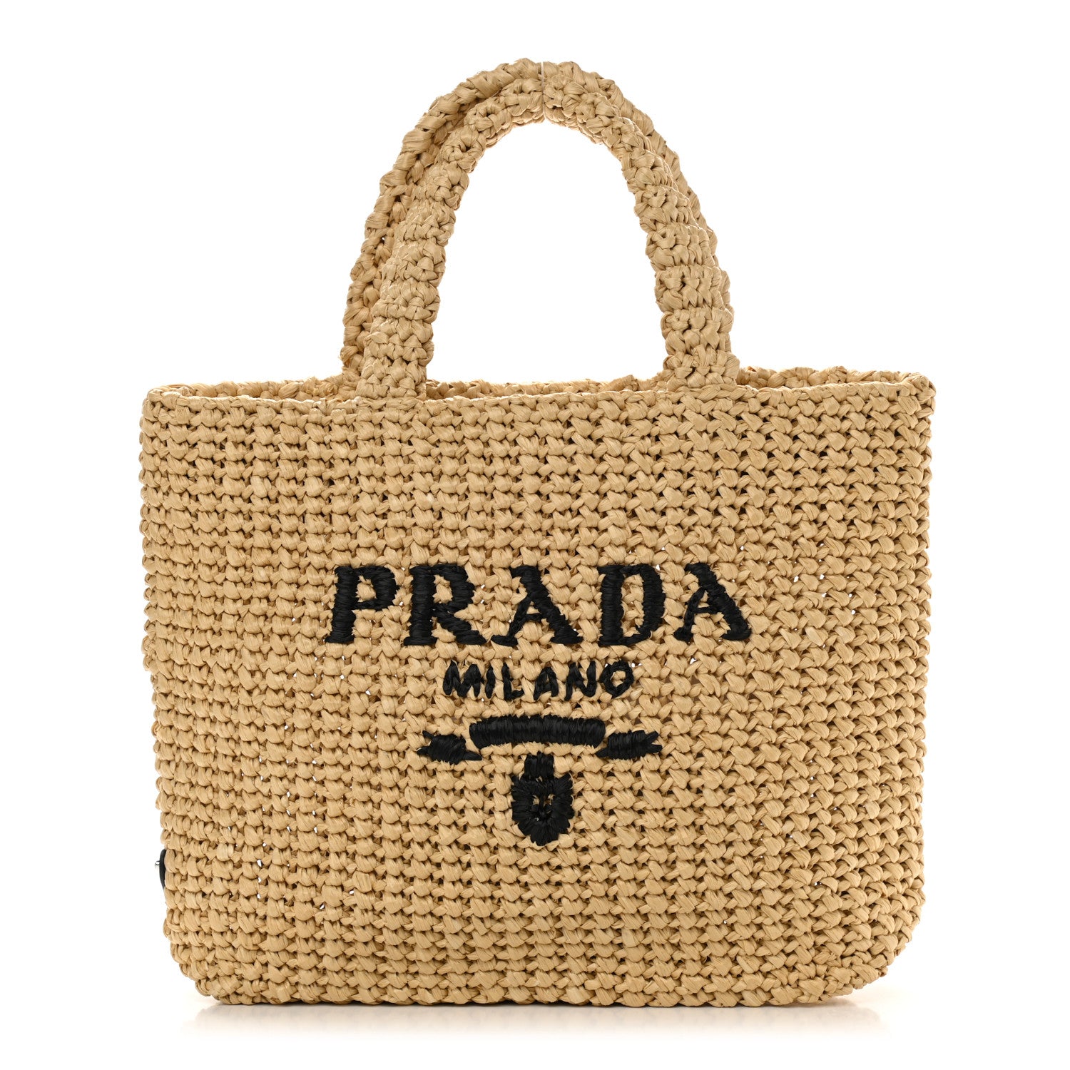 Prada Yarn Raffia Effect Crochet Embroidered Small Logo Tote Naturale 1 of 9