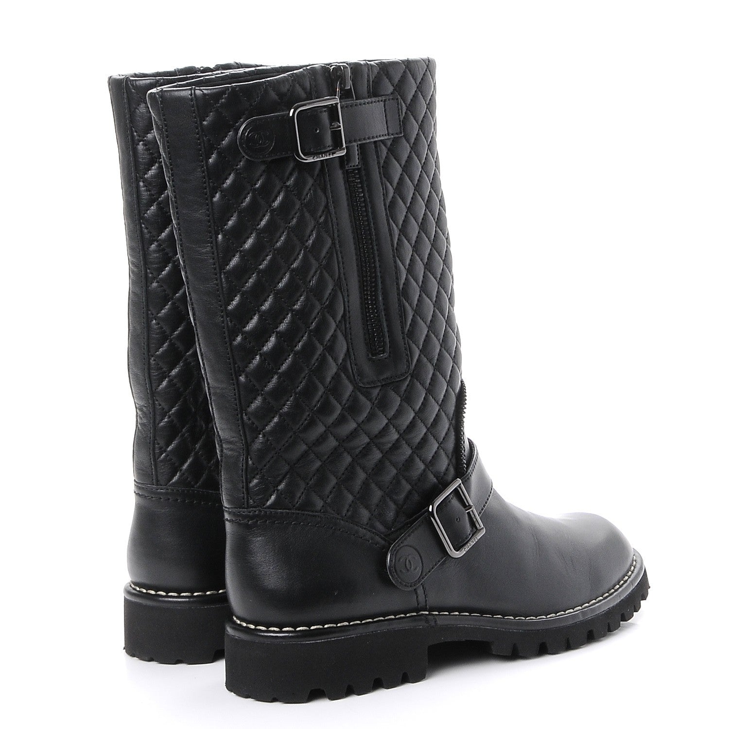 Chanel Calfskin Quilted Biker Boots 38 Black 4 of 8