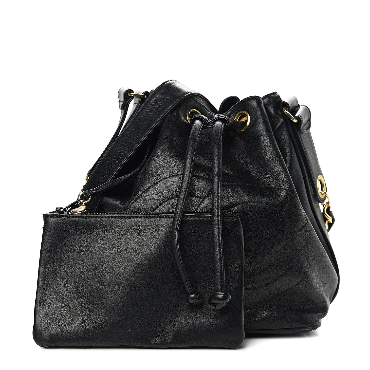 Chanel Lambskin CC Stitched Drawstring Bucket Bag Black 1 of 11