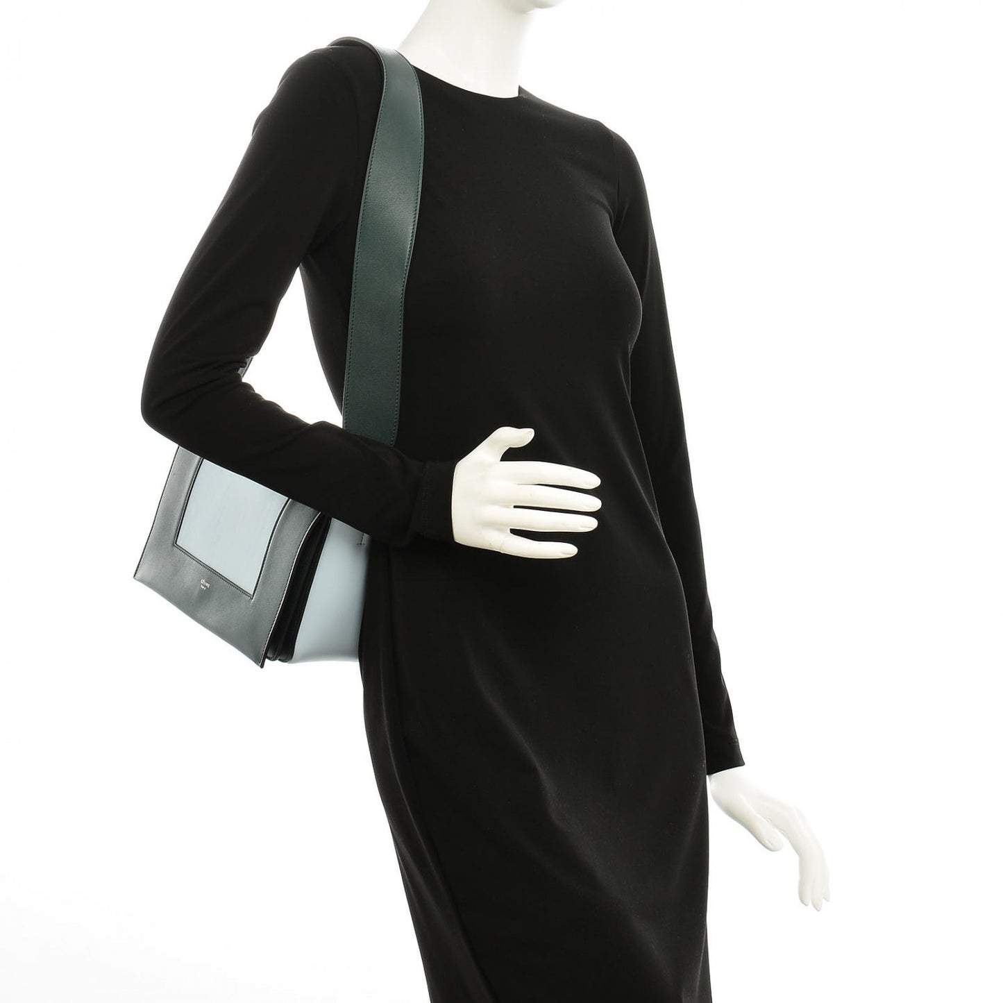 Shiny Smooth Calfskin Medium Frame Shoulder Bag Black Dark Green Mineral