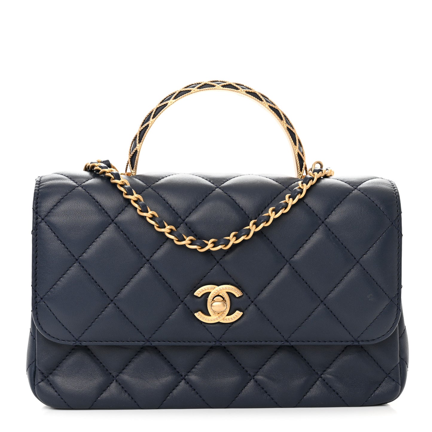 Lambskin Metal Quilted Twist Top Handle Flap With Chain Blue