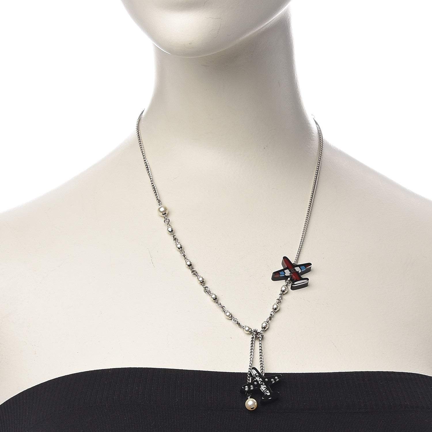 Chanel Resin Pearl Striped Airplane Necklace Black White Multi 2 of 5