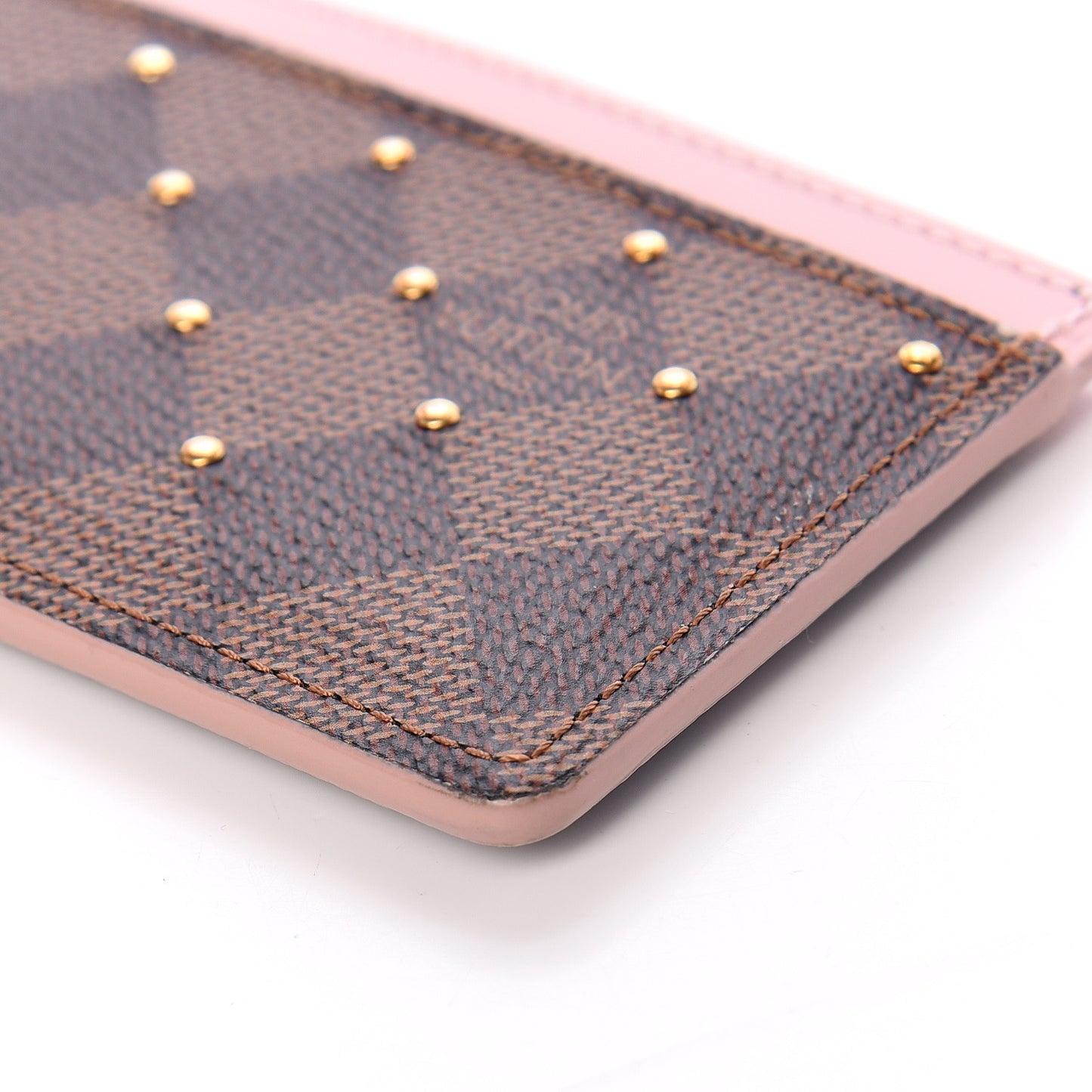 Damier Ebene Studded Card Holder Rose Ballerine
