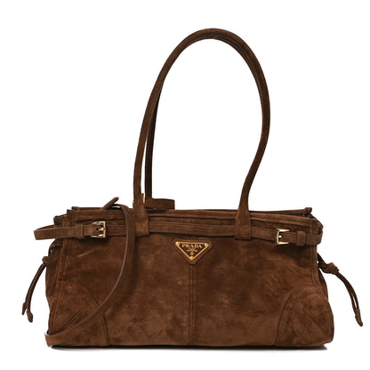 Prada Suede Triangle Medium Bonnie Shoulder Bag Cacao 1 of 9