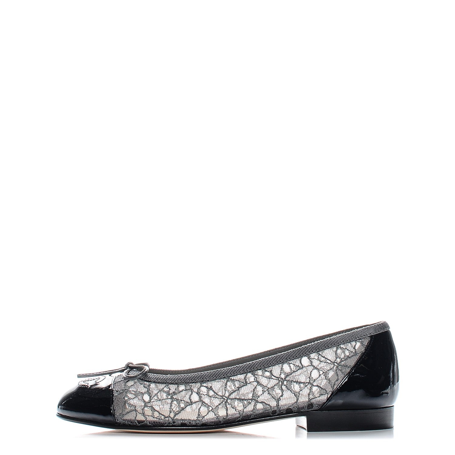 Chanel Lace Patent Calfskin Cap Toe CC Ballerina Flats 36.5 Dark Grey Navy 1 of 7