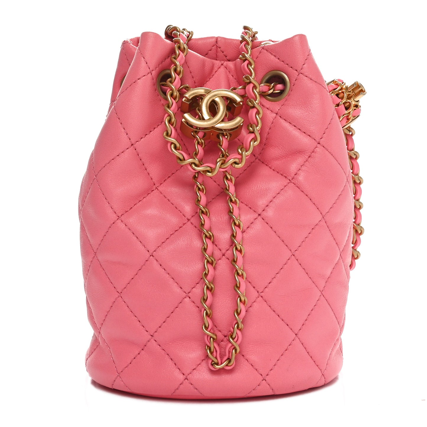 Lambskin Quilted Pearl Crush Drawstring Bag Pink