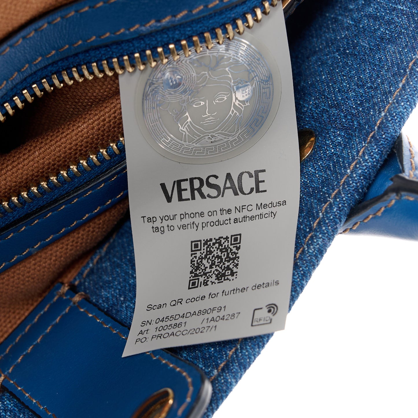 Denim Calfskin La Medusa Small Tote Bag Blue