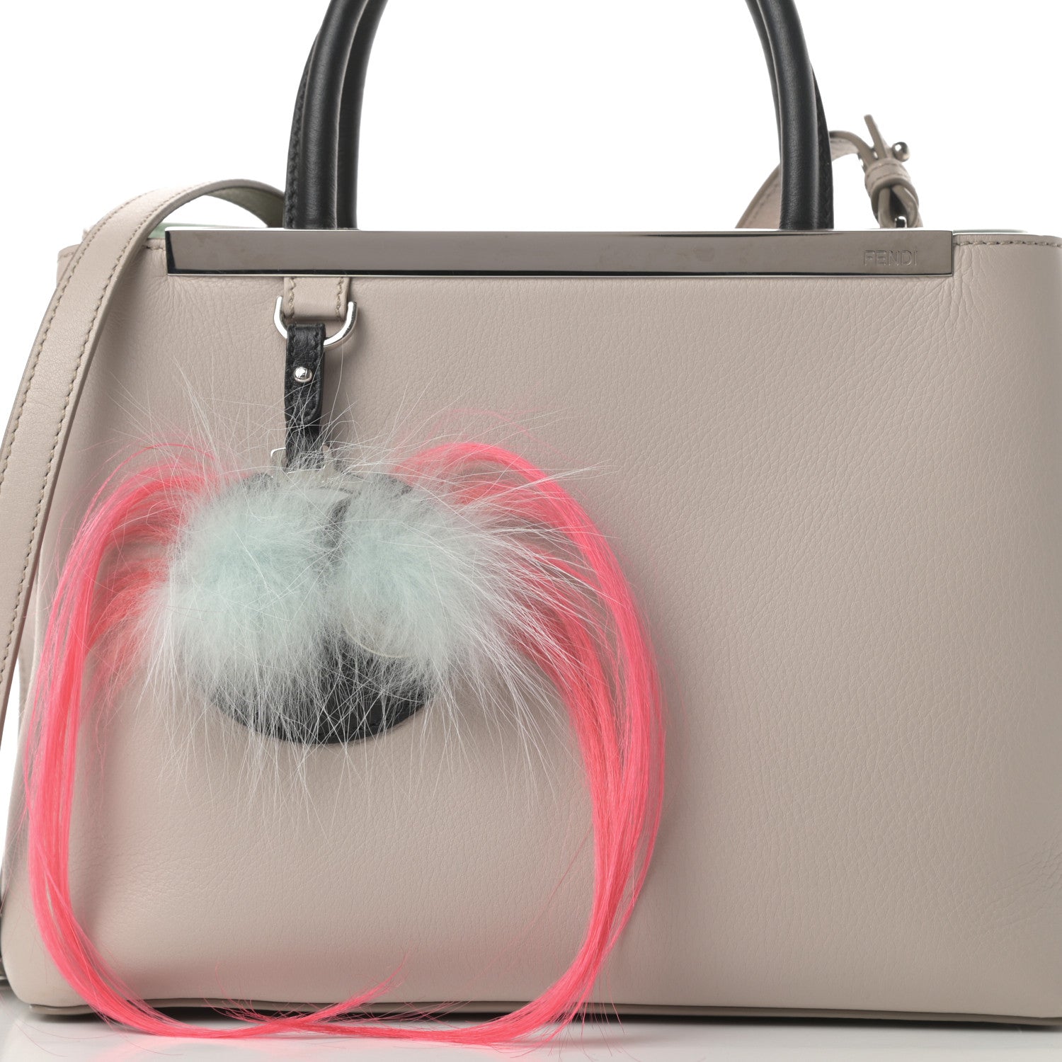 Fendi Vitello Dolce Fox Goat Bi-Color Sad Eyes Mirror Charm Petite 2Jours Tote Grigio Polvere Black 8 of 16
