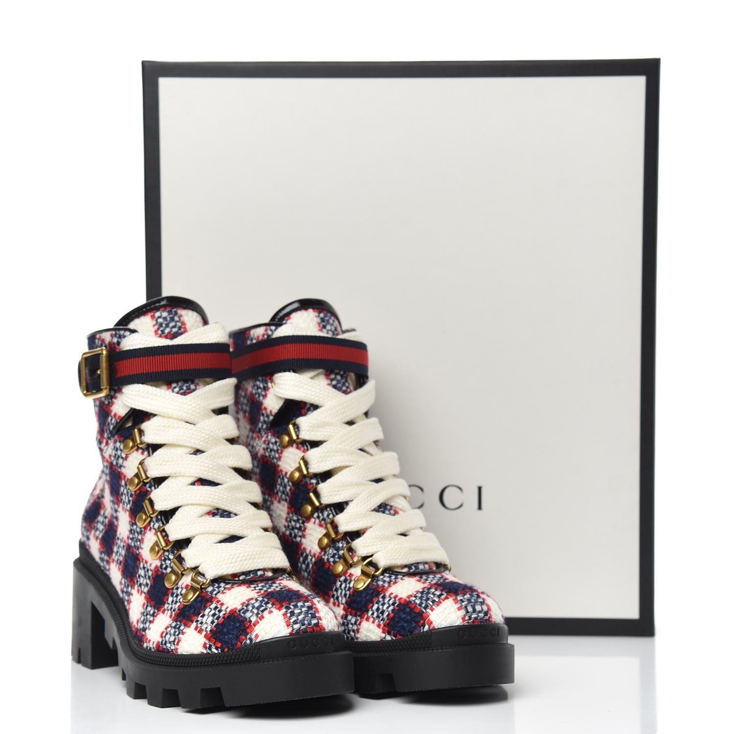 Gucci Vintage Tweed Check Lace Up Combat Ankle Boots 37 White Hibiscus Red Marine 8 of 8