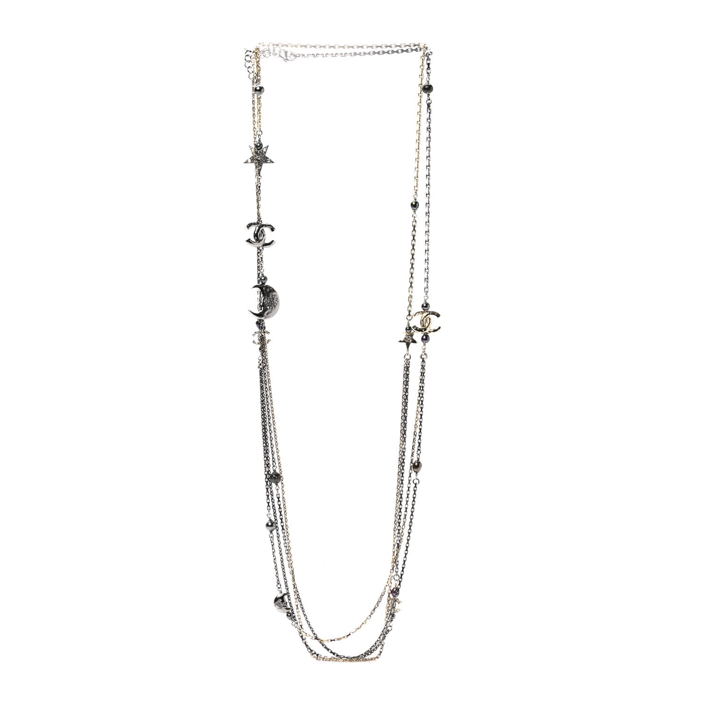 Glass Pearl Strass CC Long Necklace Gold Silver