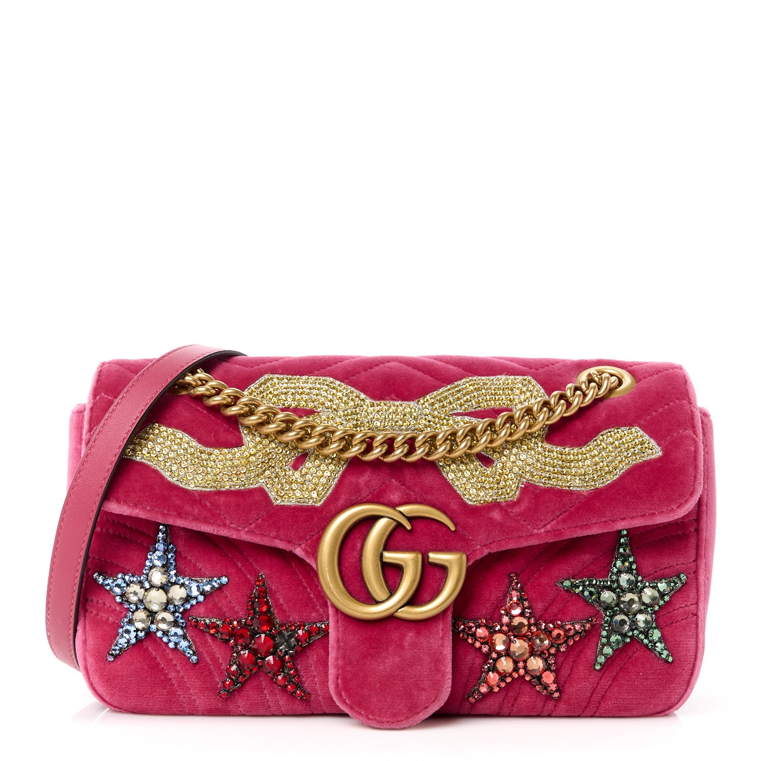 Gucci Velvet Matelasse Bow Embroidered Small GG Marmont Shoulder Bag Raspberry Rose 1 of 11