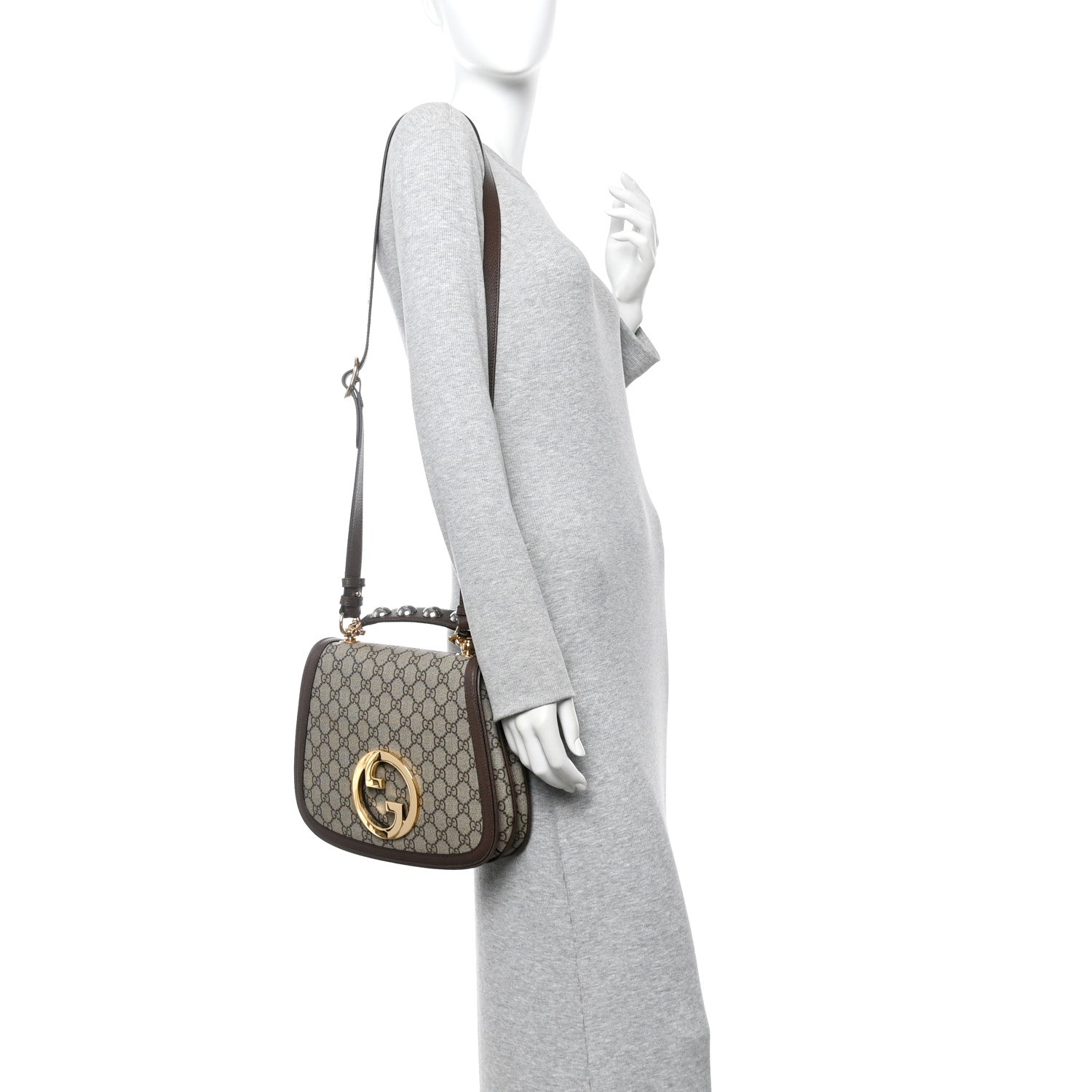 Gucci GG Supreme Monogram Textured Dollar Calfskin Web Medium Blondie Top Handle Shoulder Flap Bag Beige Ebony New Acero 2 of 11
