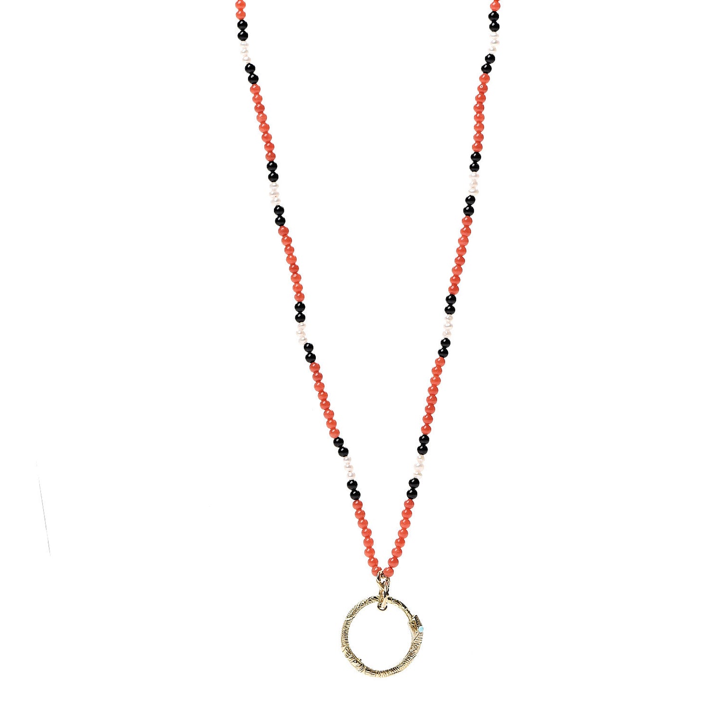 18K Yellow Gold Coral Black Onyx Freshwater Pearl Turquoise Ouroboros Pendant Necklace