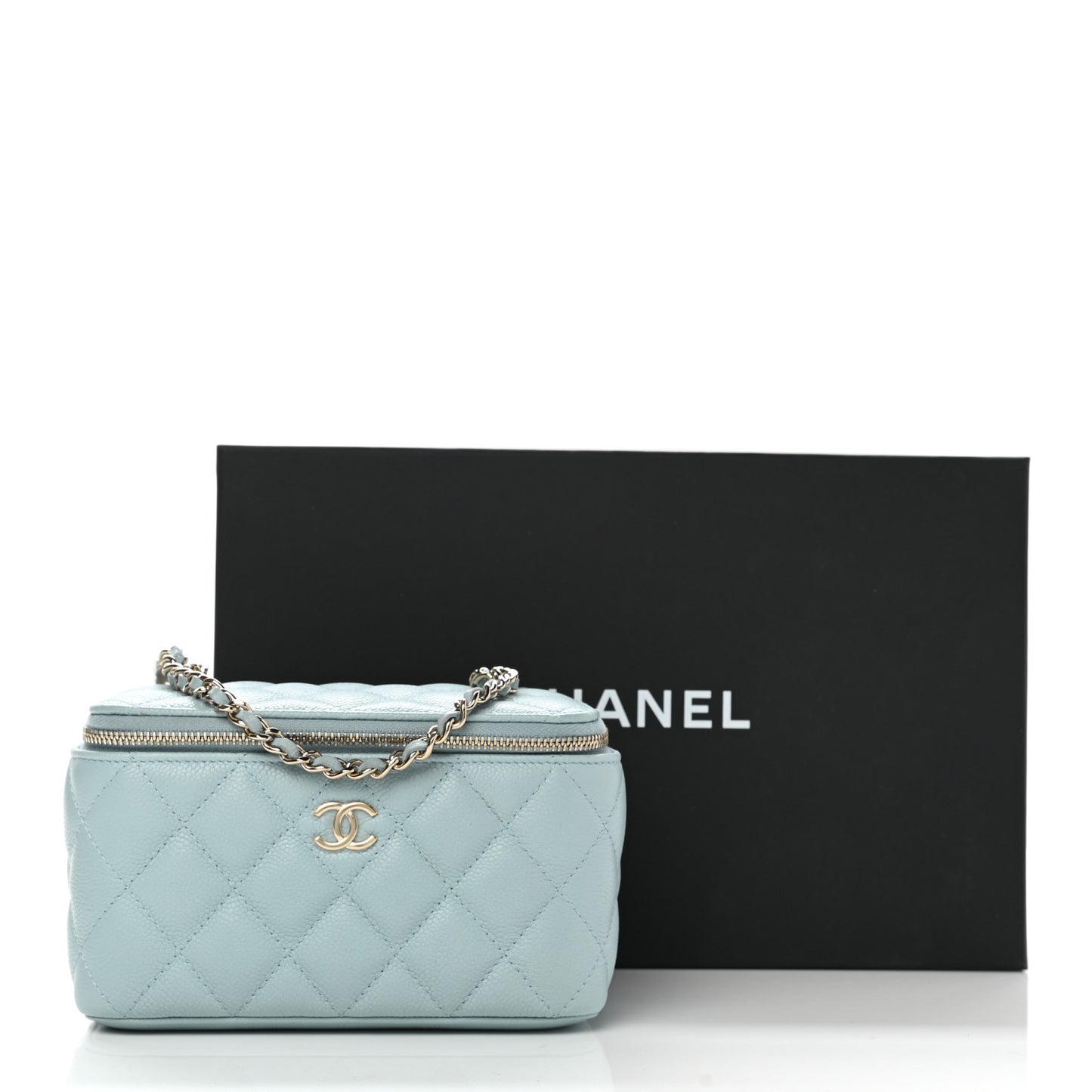 Caviar Quilted Small Tiny CC Vanity Case With Chain Light Blue