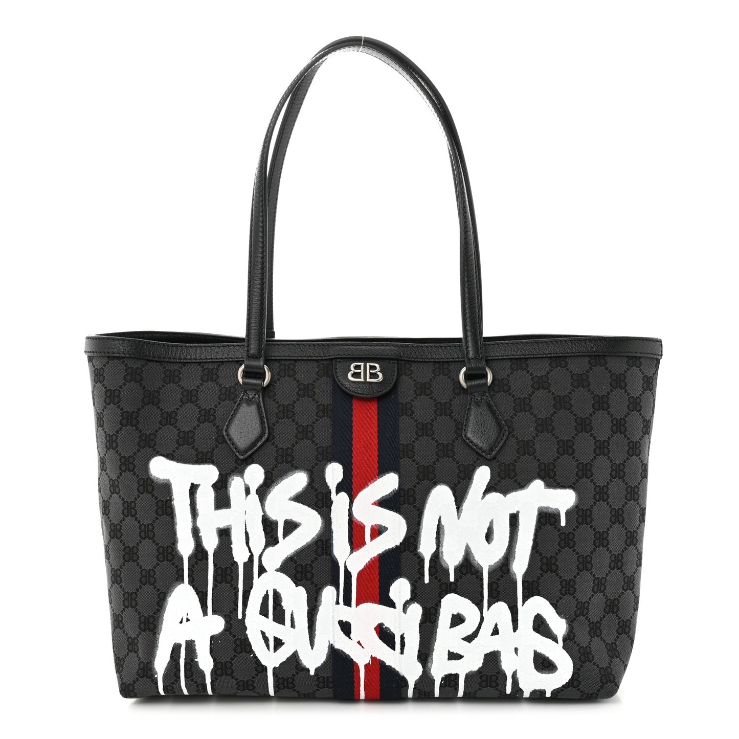 X BALENCIAGA BB Monogram Web Graffiti Medium Ophidia Shopping Tote Beige New Acero