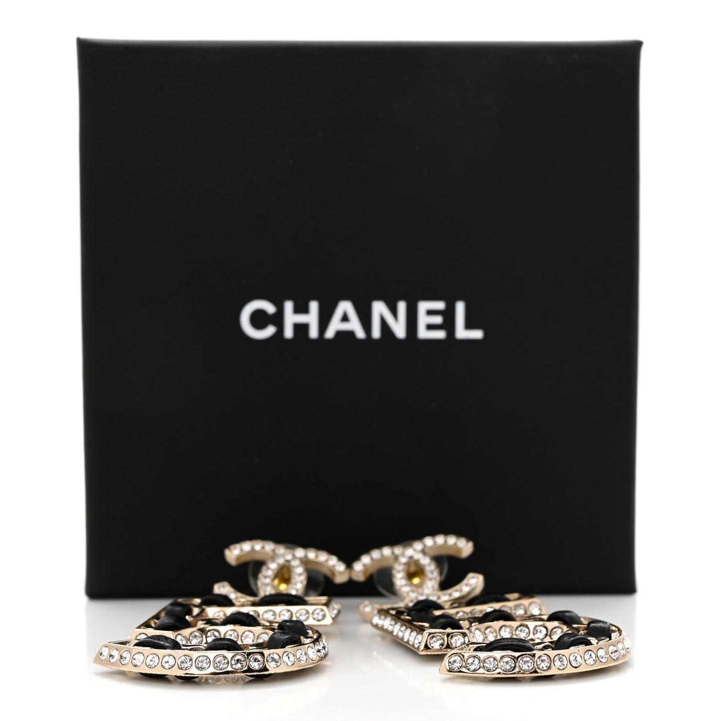 Crystal Lambskin Chain CC No 5 Drop Earrings Gold Black