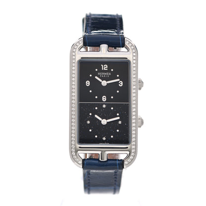 Hermes Stainless Steel Alligator Diamond Bezel 22mm Nantucket Dual Time Quartz Watch Bleu Saphir 1 of 5
