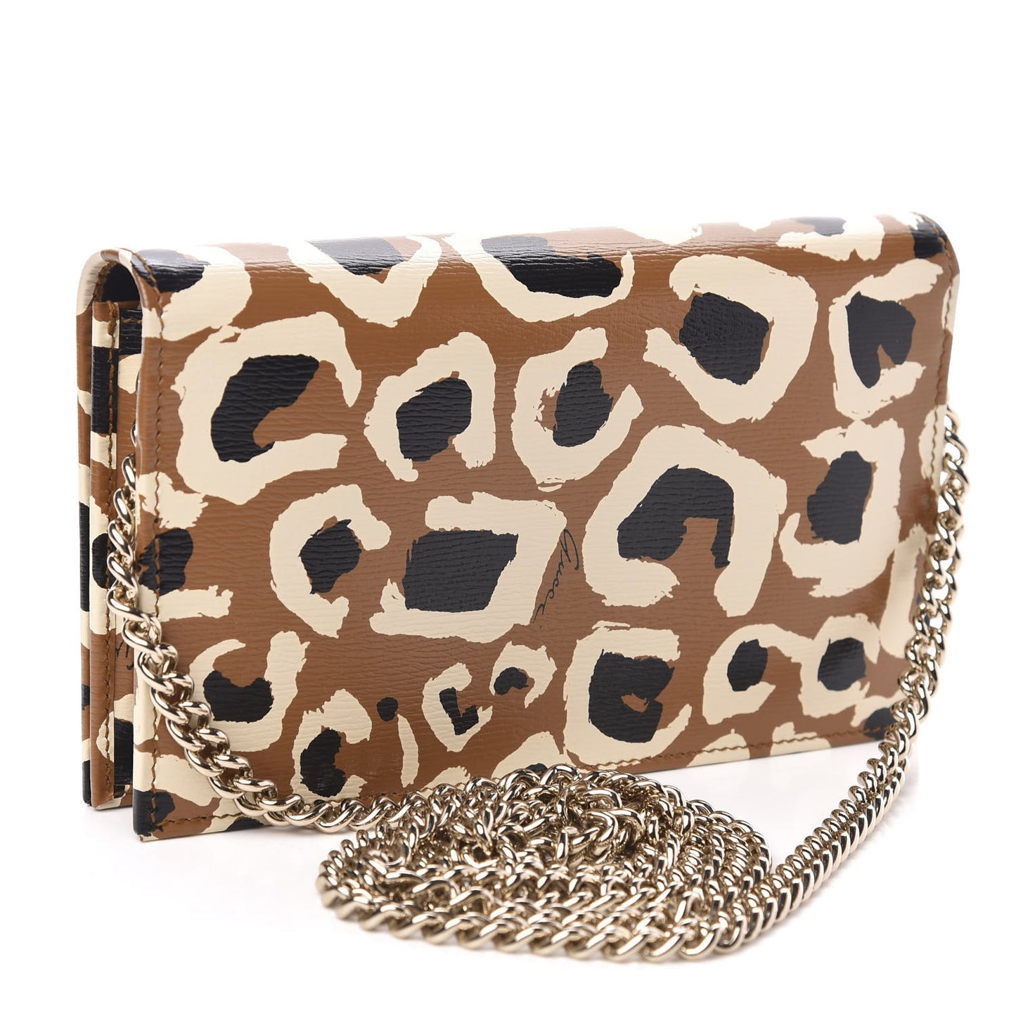 Patent Leopard Print Betty Chain Wallet Tobacco Black