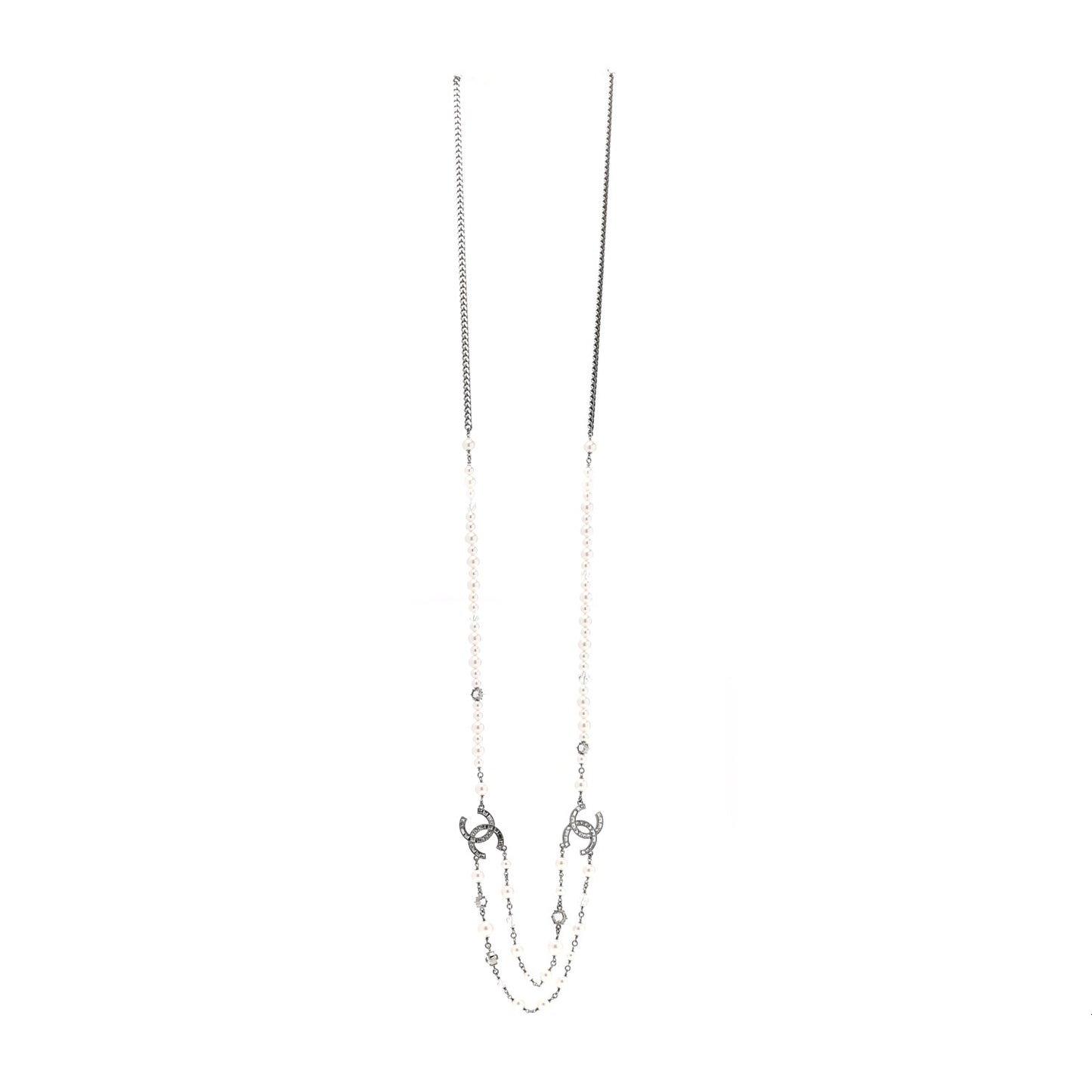 Ruthenium Pearl Crystal Baguette CC Necklace Silver