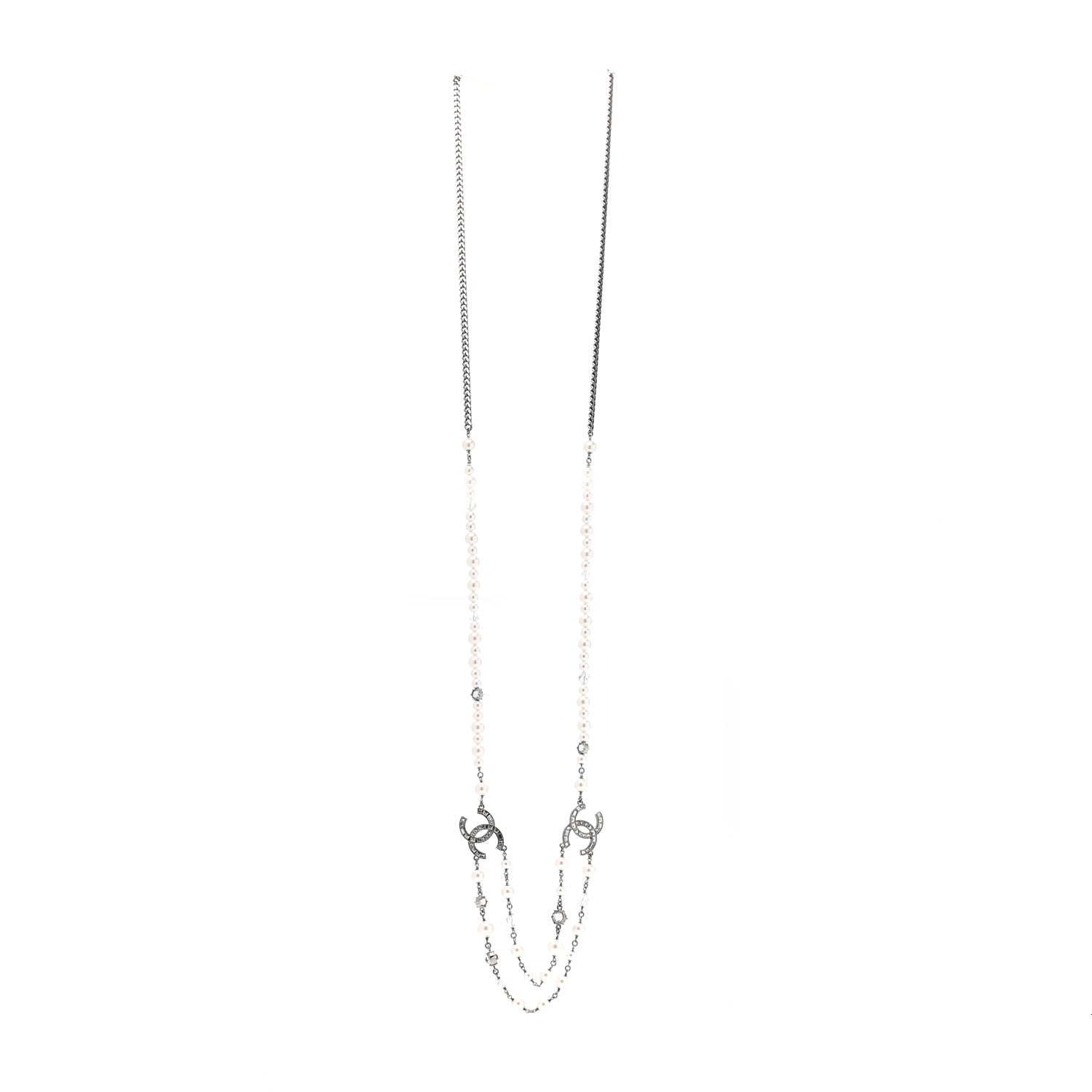 Chanel Ruthenium Pearl Crystal Baguette CC Necklace Silver 4 of 6
