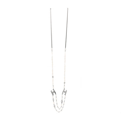 Chanel Ruthenium Pearl Crystal Baguette CC Necklace Silver 4 of 6