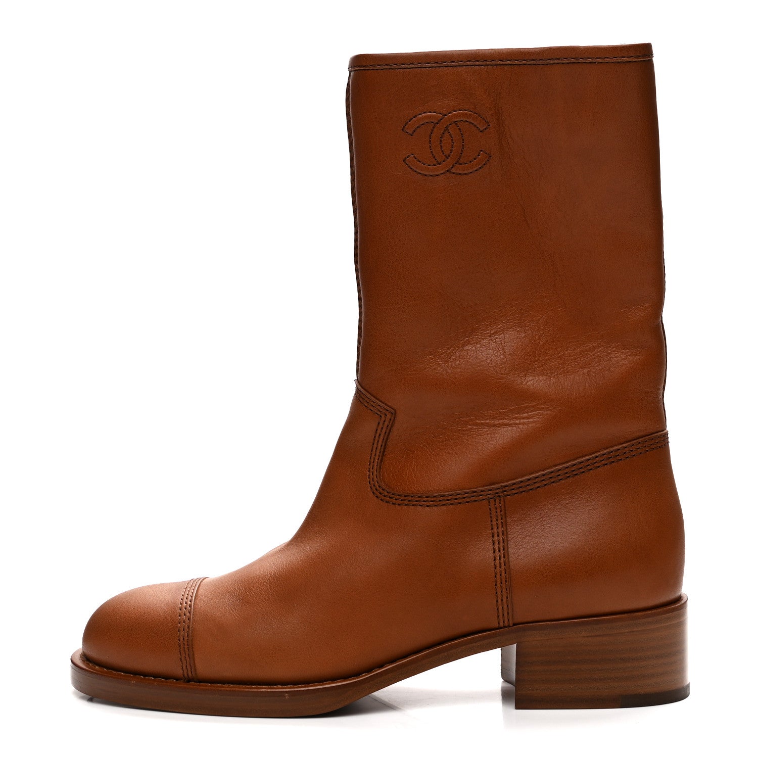 Chanel Calfskin CC Logo Mid Calf Boots 38 Brown 1 of 9