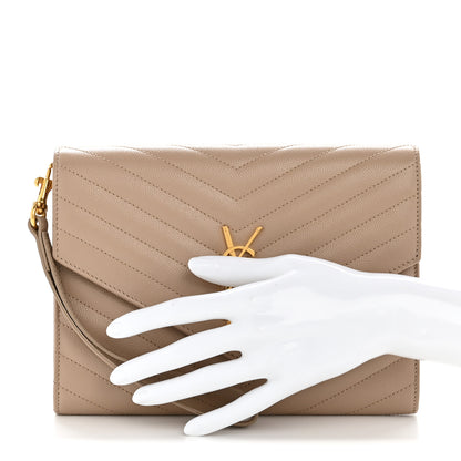 Saint Laurent Grain De Poudre Matelasse Chevron Monogram Envelope Clutch Dark Beige 2 of 12