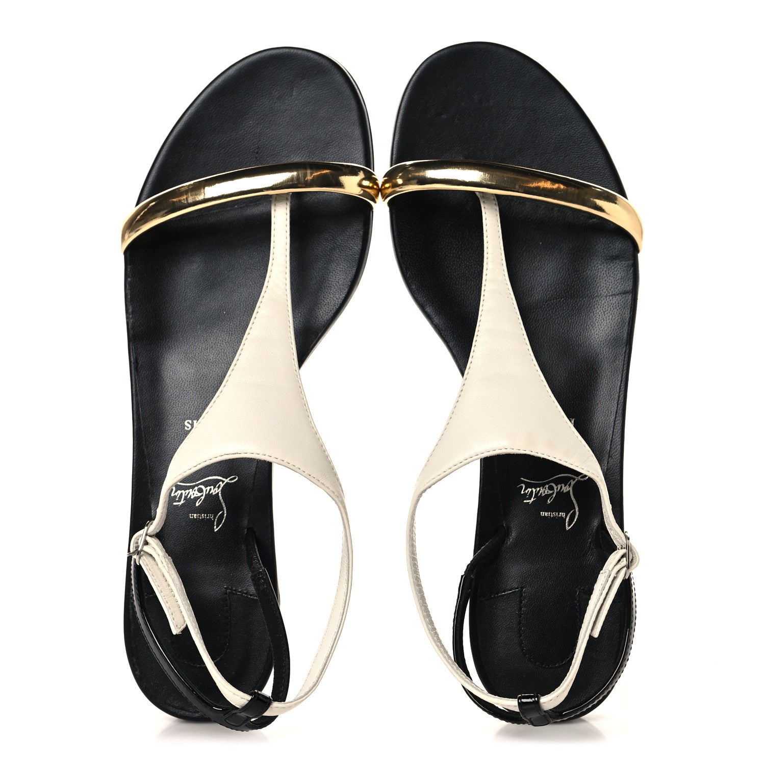 Christian Louboutin Nappa Patent Athinita Flat Sandals 37.5 White Gold Black 2 of 9