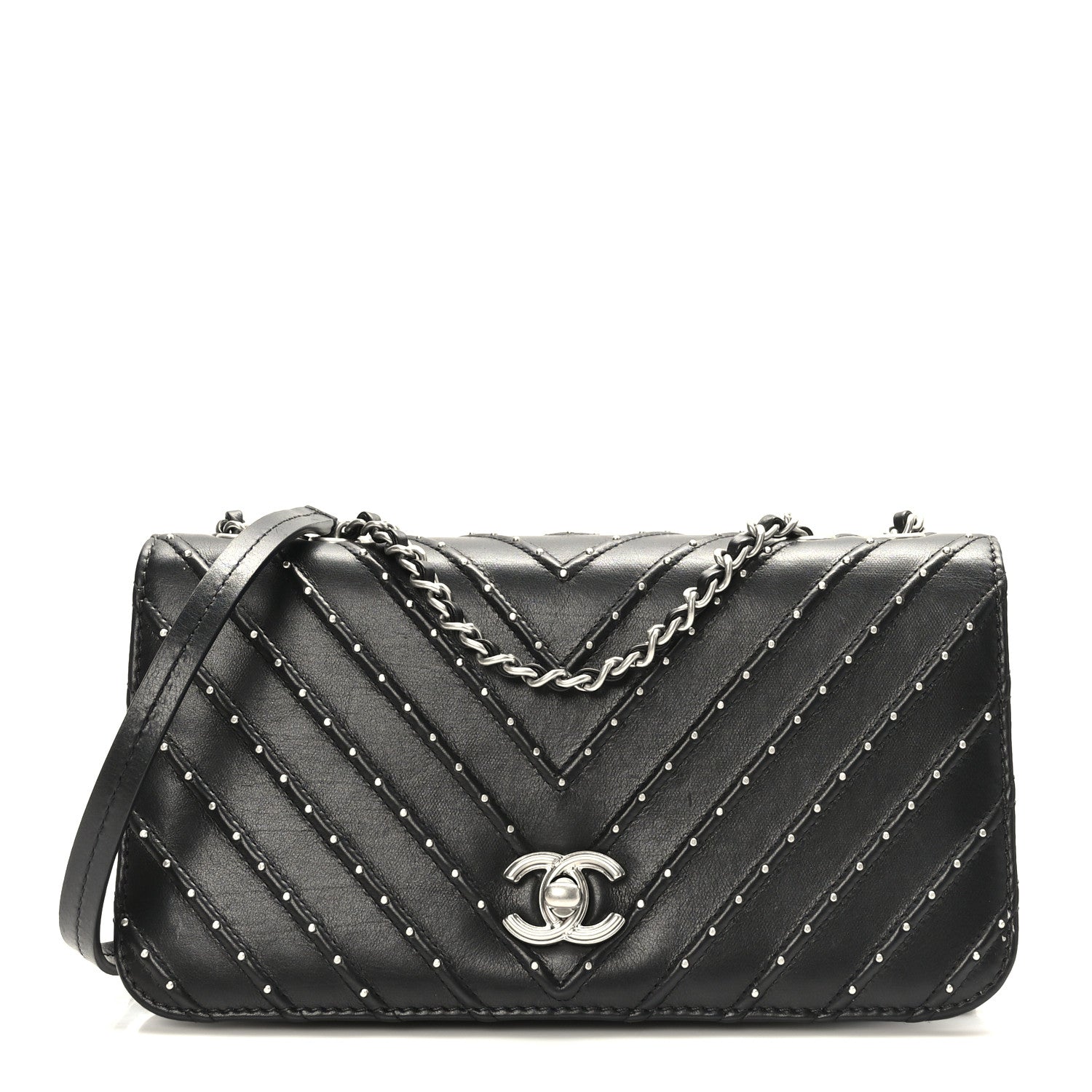 Chanel Calfskin Studded Chevron Quilted Flap Black 1 of 12