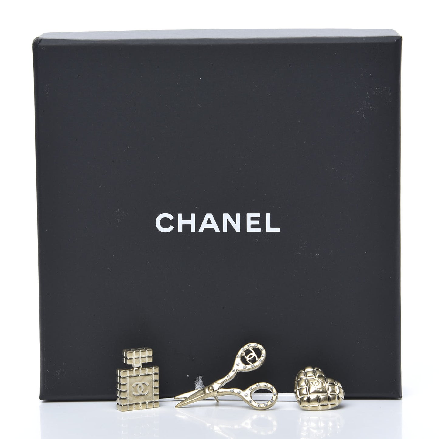 Metal Strass Crystal Quilted CC Heart Scissors Perfume Brooch Set Gold