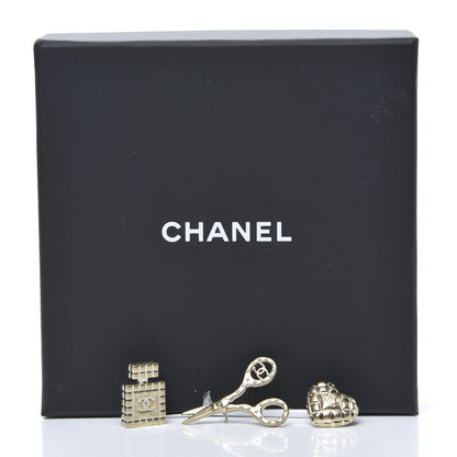 Chanel Metal Strass Crystal Quilted CC Heart Scissors Perfume Brooch Set Gold 5 of 5