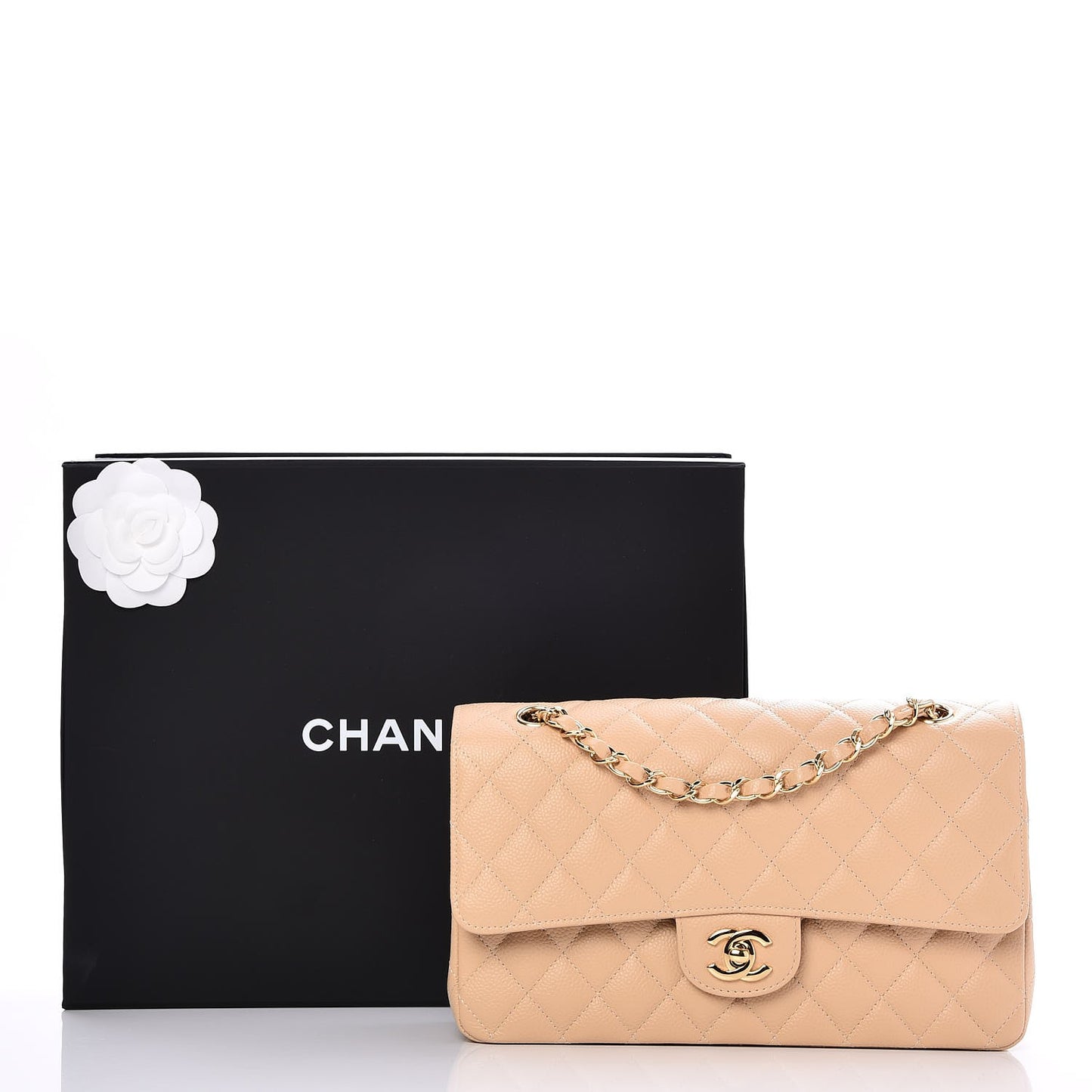 Caviar Quilted Medium Double Flap Beige Clair