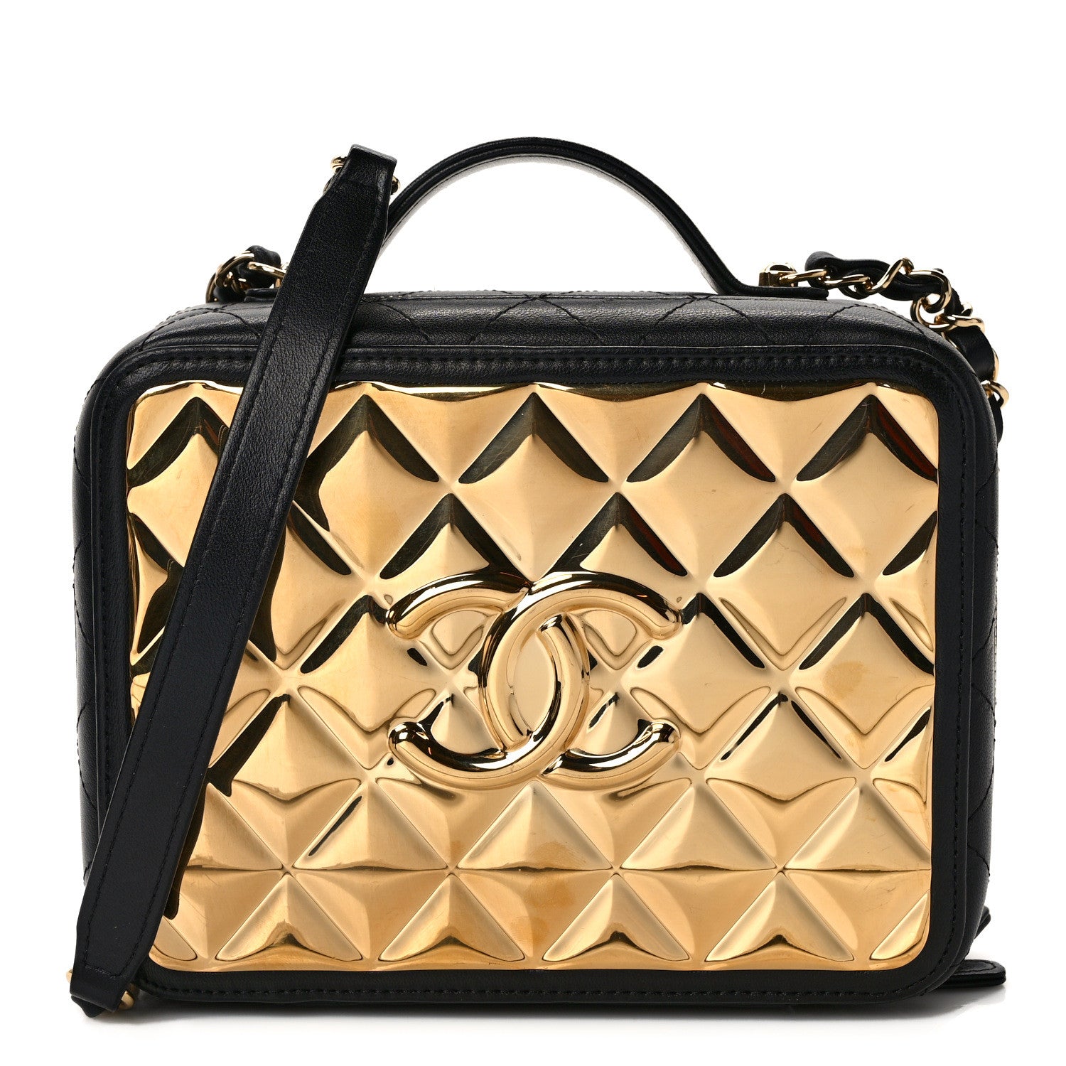 Chanel Lambskin Metal Quilted Golden Plate Vanity Case Black Golden Plate Vanity Case Black Gold 1 of 13