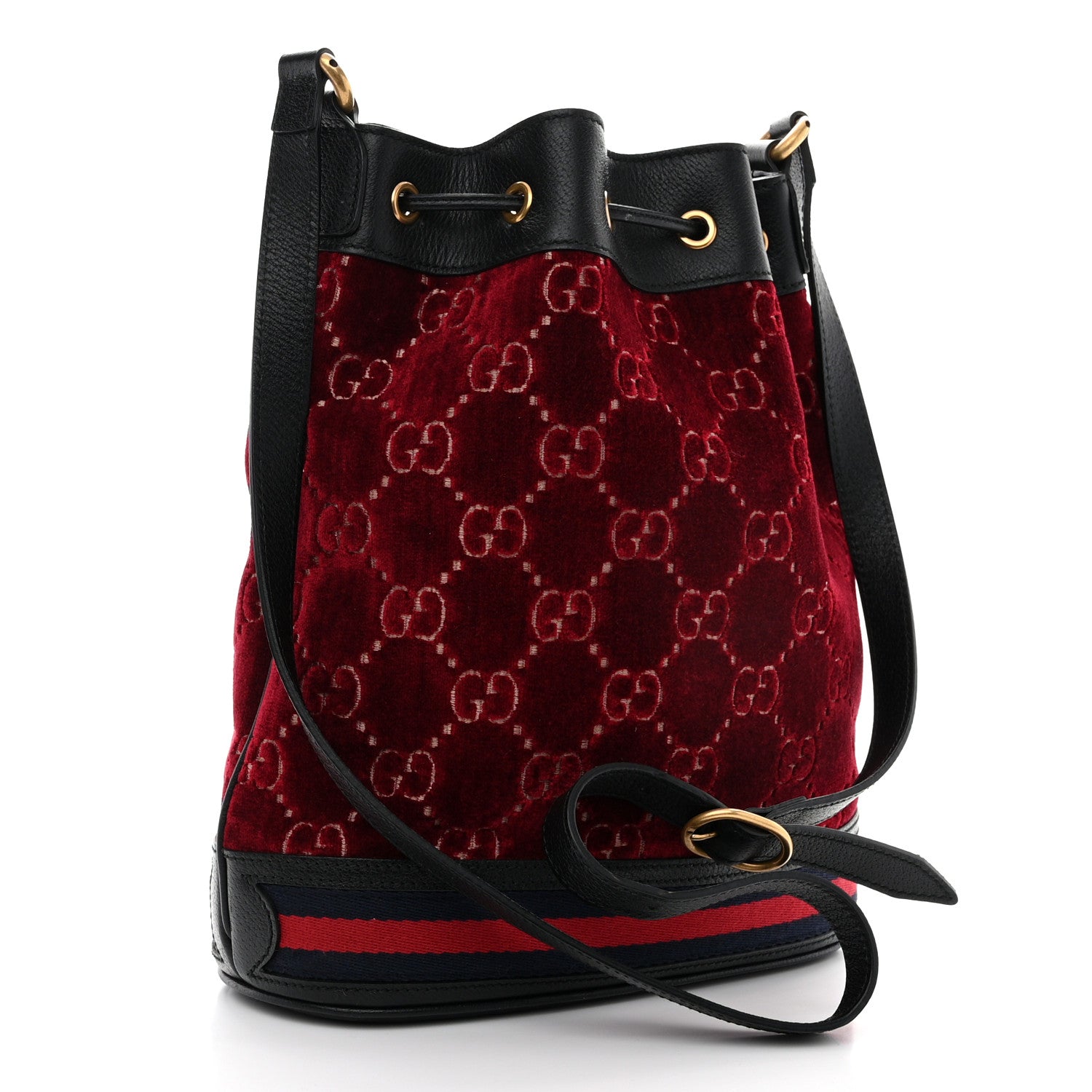 Gucci Velvet GG Monogram Textured Calfskin Web Bucket Bag Red Cipria Black 3 of 11