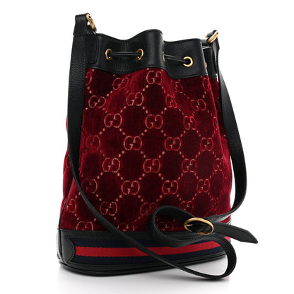 Gucci Velvet GG Monogram Textured Calfskin Web Bucket Bag Red Cipria Black 3 of 11