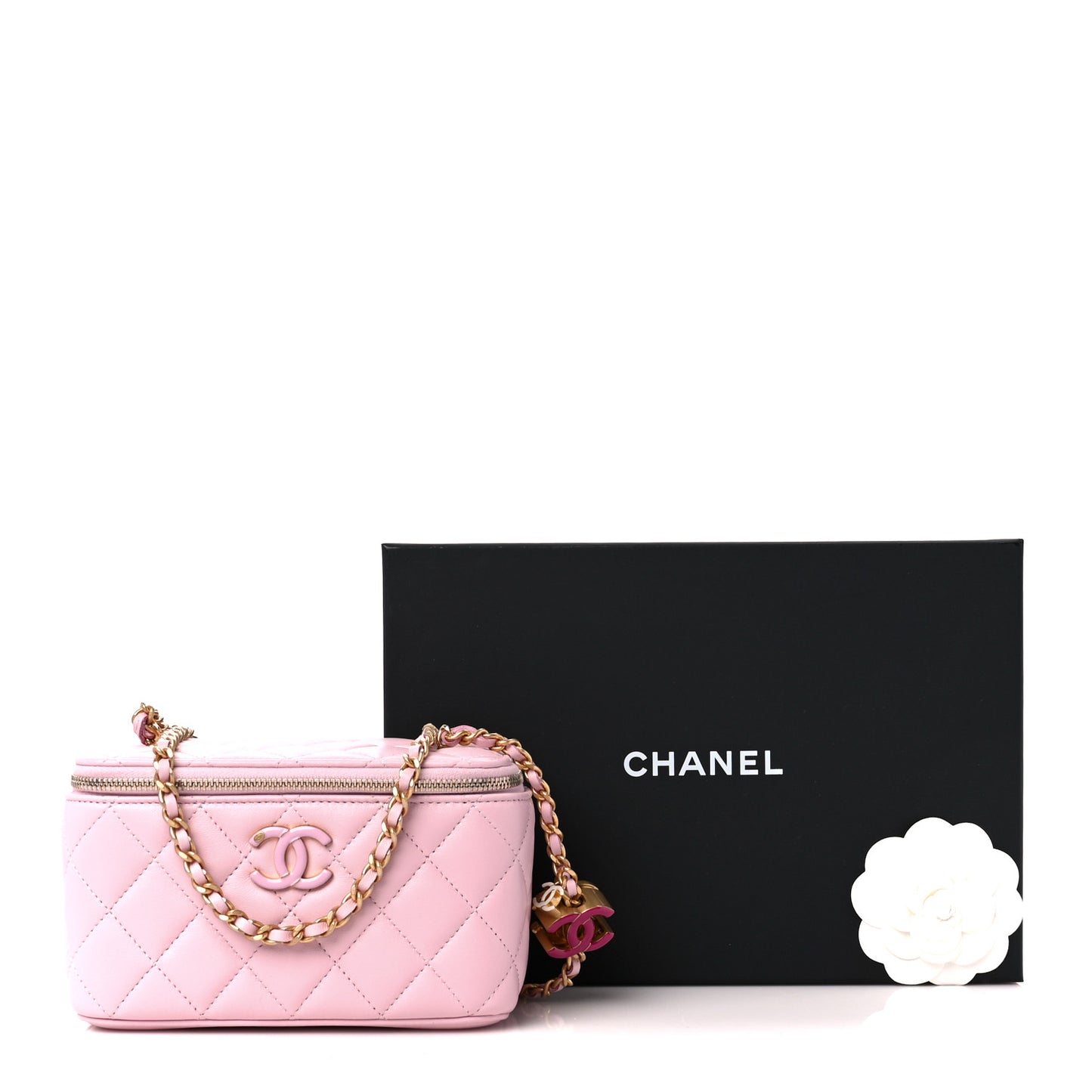Lambskin Enamel Quilted Small Vanity Case With Chain Pink