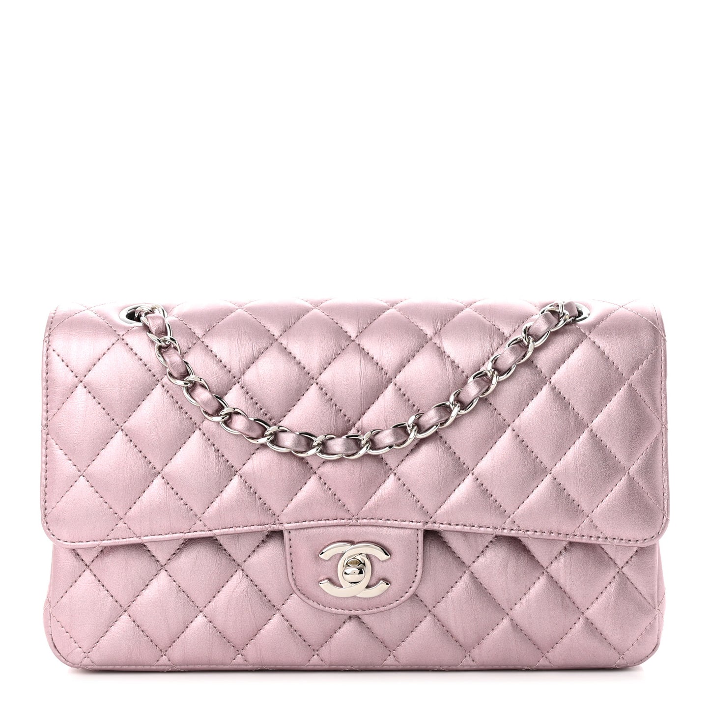 Metallic Calfskin Quilted Medium Double Flap Purple