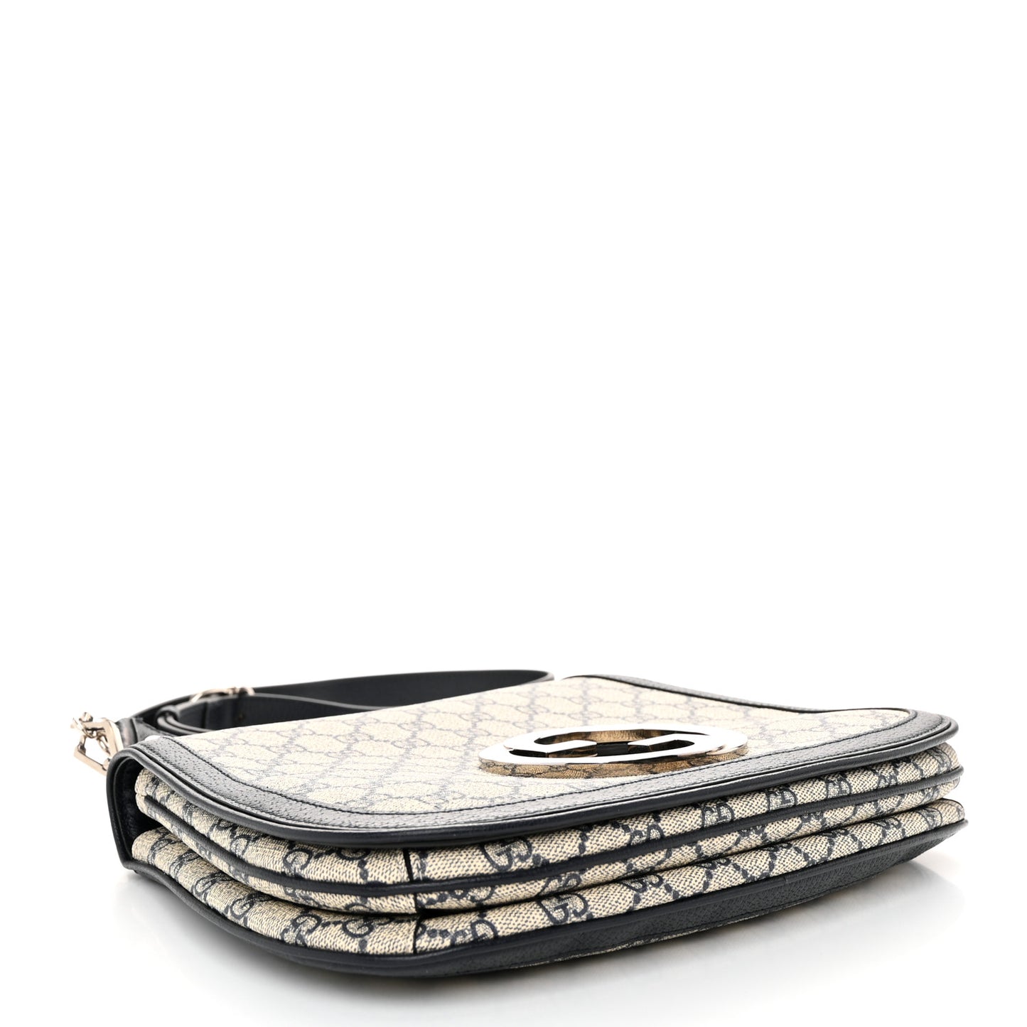 GG Supreme Monogram Textured Dollar Calfskin Web Medium Blondie Top Handle Shoulder Flap Bag Beige Blue