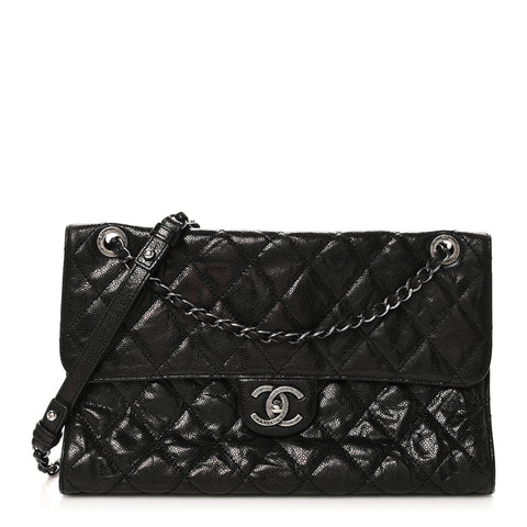 Crumpled Grained Calfskin Jumbo CC Crave Flap Black